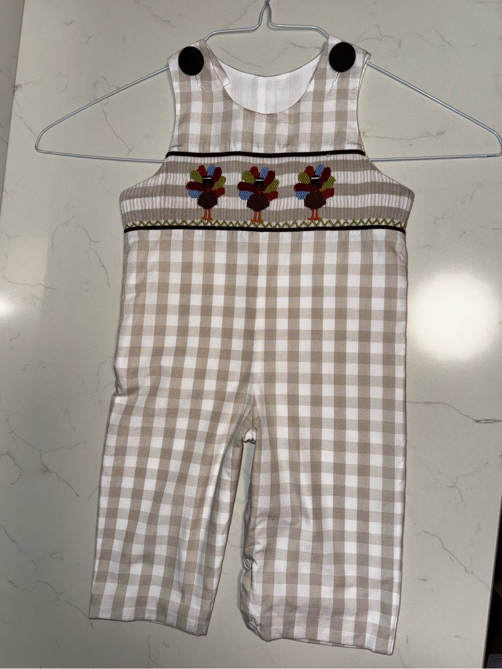 Hand Smocked Thanksgiving Turkey Longall Romper | Boys | Tan Gingham - Size 3M